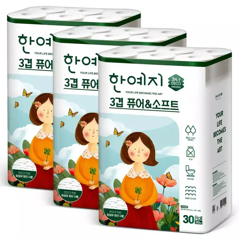 한예지 천연펄프 3겹 퓨어앤소프트 30m 30롤 두루마리 휴지 화장지 3팩 가격 비교 한예지 한예지 천연펄프 3겹 퓨어앤소프트 30m 30롤 두루마리 휴지 화장지 3팩